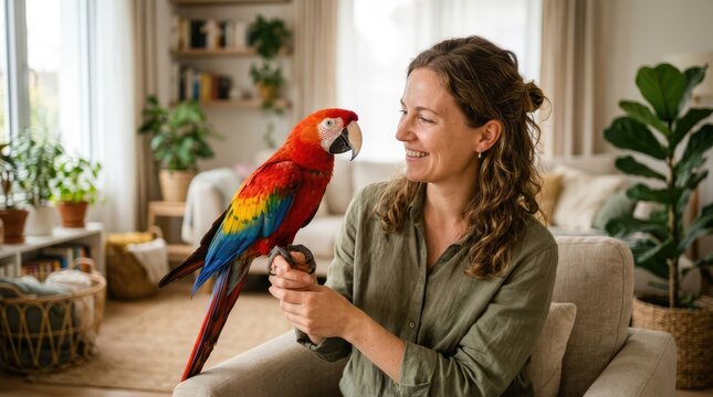 Smiling Young Woman Holding Colorful Macaw Parrot in Cozy Living Room
