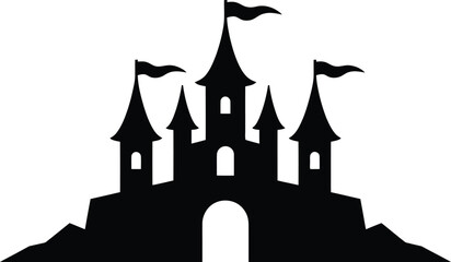 Black Castle Silhouette with Flags on White Background © Azan