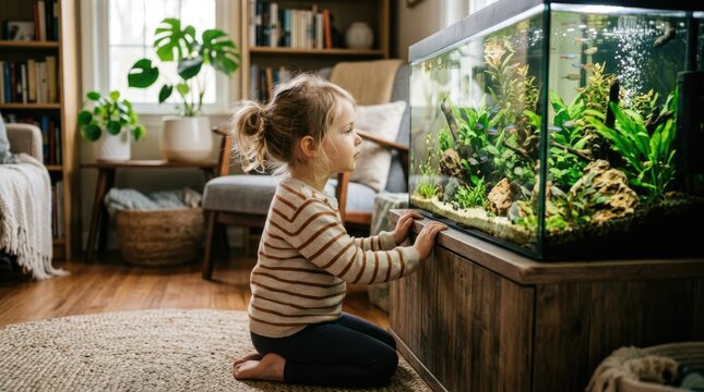 Curious Young Child Watching Tropical Fish Aquarium in Cozy Living Room