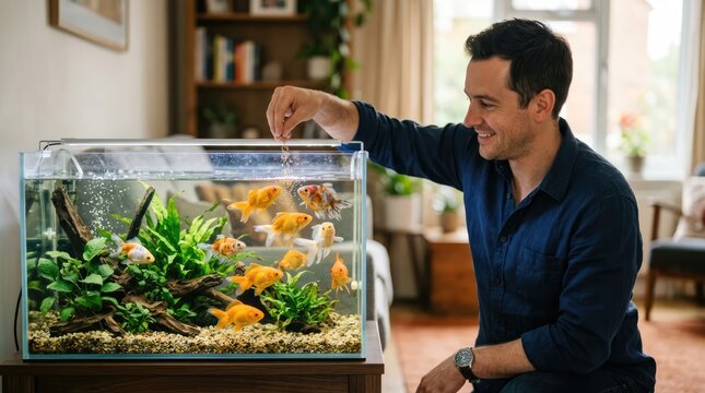 Smiling Young Man Feeding Goldfish in Bright Living Room Aquarium