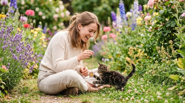 Smiling Young Woman Playing with Small Kitten in Colorful Garden Path
