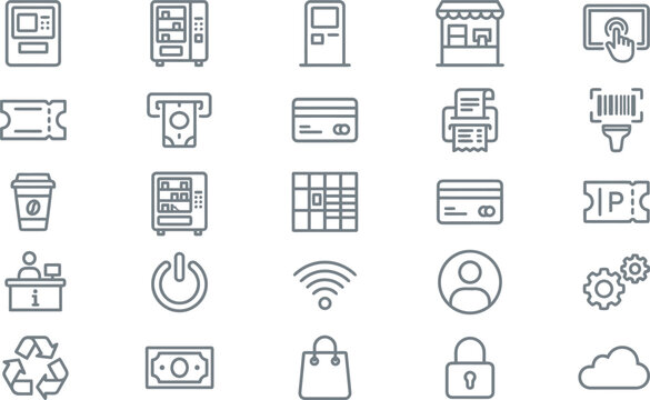 A collection of outline style icons representing various business commerce and digital technology service concepts