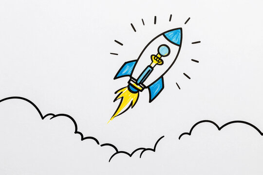 Idea light bulb flying to the sky like a rocket - Flat lay.