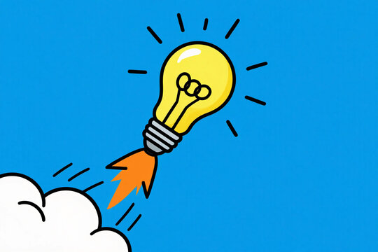 Idea light bulb flying to the sky like a rocket - Flat lay.