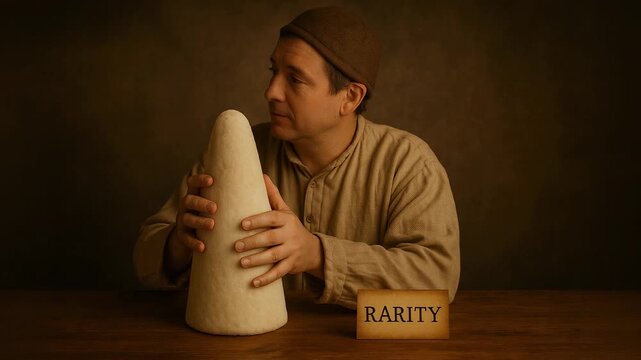 Man in simple historical clothing examines a large cone-shaped stone object on a wooden table beside a small wooden sign reading Rarity