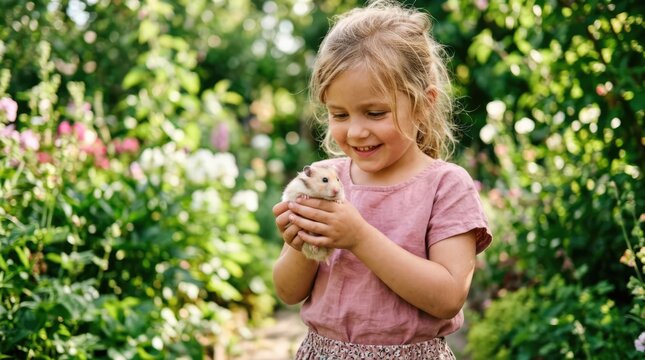 Smiling Young Girl Holding Small Hamster in Lush Garden