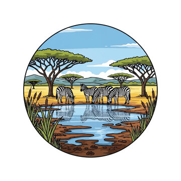 Zebras standing by water hole.