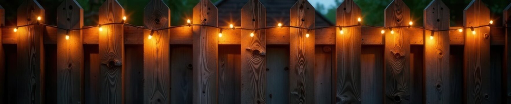 Warm white string lights draped over wooden fence , holiday decor, lights