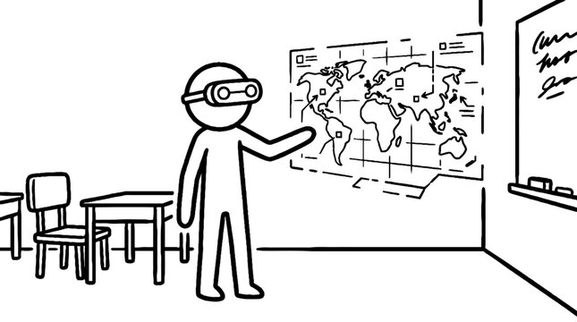Student using virtual reality headset to learn geography in class