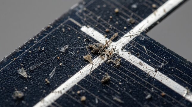 Extreme macro close-up of dust particles, dirt, and organic fibers accumulated on the surface of a photovoltaic solar panel cell, reducing efficiency and obstructing light.