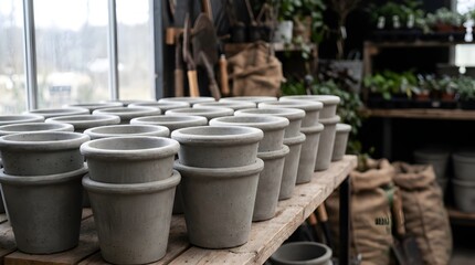 Obraz premium Stacks of Empty Grey Concrete Flower Pots on a Shelf