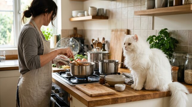 Young Woman Cooking at Stove with White Cat on Wooden Counter in Cozy Home Kitchen