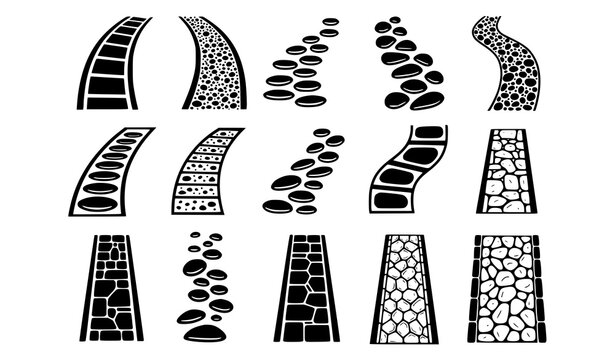 Monochrome garden pathway illustration set with curved stone walkways and landscape design vector elements