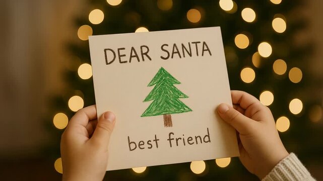 Child holding a handmade "Dear Santa best friend" Christmas card with a drawn tree and warm bokeh lights background