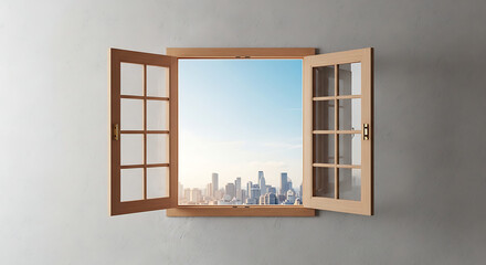 Fototapeta premium An open window frames a cityscape view from a room with a brown frame.