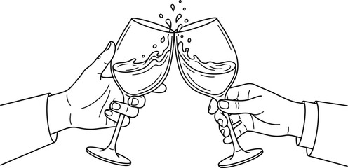Black and white line art illustration of hands clinking wine glasses for a toast. © Sandy