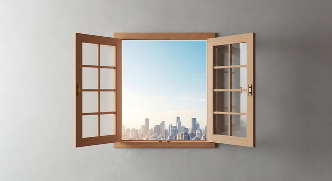 An open window frames a cityscape view from a room with a brown frame.