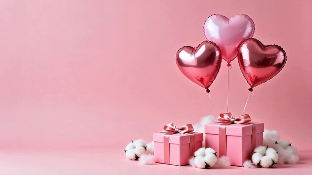 Pink gift boxes heart balloons and cotton