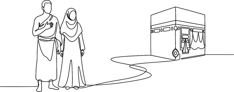 Continuous line drawing of a Muslim couple performing Hajj pilgrimage in front of the Kaaba.