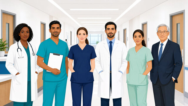 Multicultural doctors and nurses in a clean clinical corridor