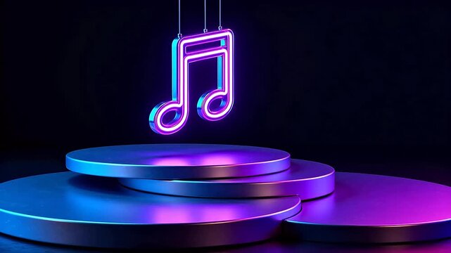Neon music note on tiered platform