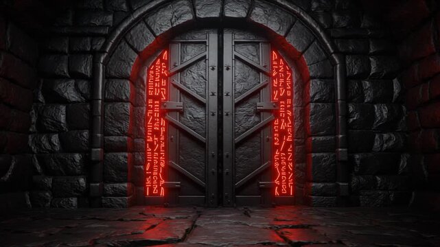 Mysterious ancient stone doorway with glowing red runes, a dark fantasy dungeon entrance