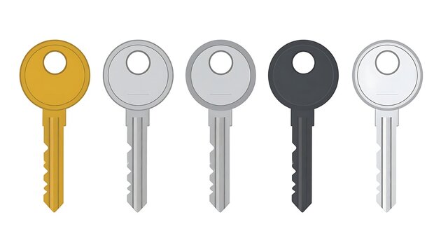 A collection of five keys in various metallic colors