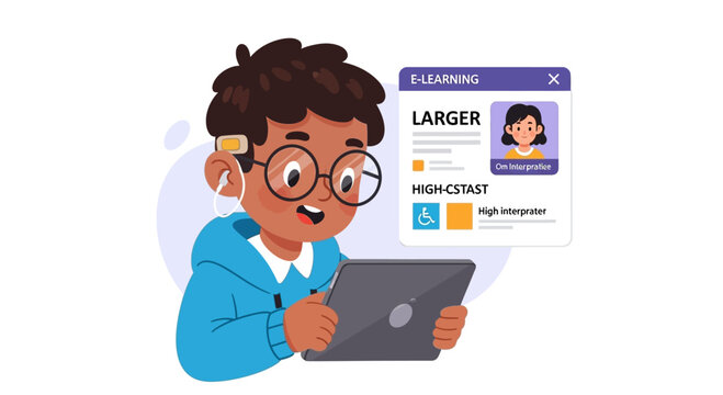 Child with hearing aid and glasses using tablet for e-learning, showing accessibility and inclusion