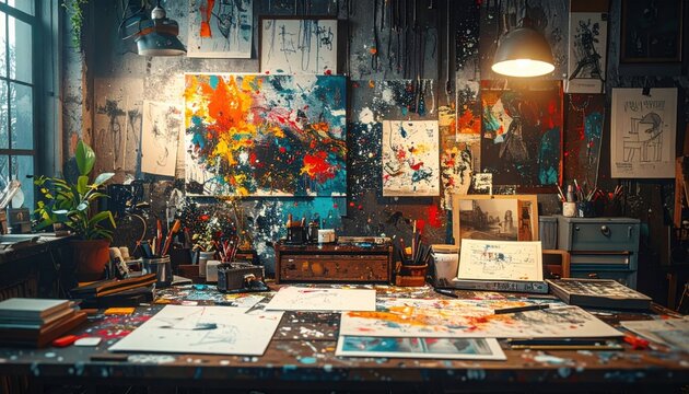 Creative artist studio workspace featuring a wooden desk covered in vibrant paint splatters, sketches, and paintbrushes, with abstract canvases and drawings on the dark wall background.