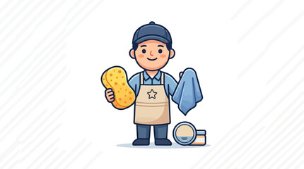 Fototapeta premium Cartoon cleaner holding sponge and cloth professional cleaning service