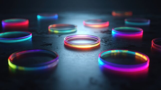 Multiple glowing circular objects emit vibrant neon light across a dark, textured surface