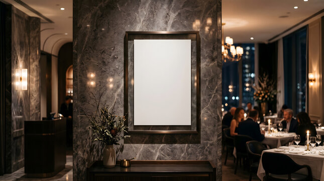 Luxury Restaurant Interior with Blank Frame Mockup, Elegant Dining Space, Upscale Bar & Fine Dining Atmosphere