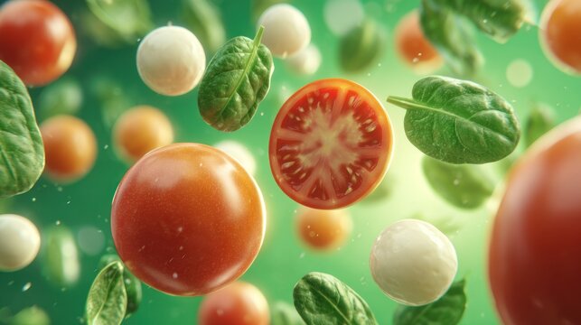 Vibrant fresh ingredients including tomatoes, cheese balls, and spinach leaves suspended against a glowing green background.