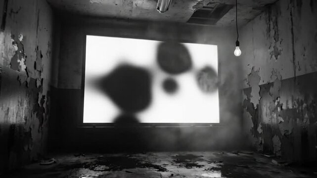 Spooky abandoned room with a white screen and blurry black shapes, with peeling walls and a dangling lightbulb, creating an ominous atmosphere.