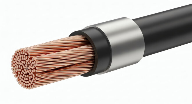 Stranded Copper Power Cable With Black Insulation and Metal Sleeve Close-Up Industrial Electrical Wire