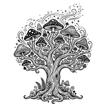 Whimsical tree with many patterned mushrooms and stars fairy tale magical fore