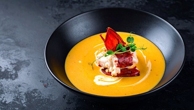 Gourmet pumpkin cream soup served with lobster meat and garnished with microgreens in a modern black ceramic bowl on dark textured background