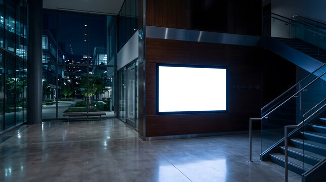 Blank Digital Signage in Modern Office Lobby at Night for Advertising and Corporate Branding Display Mockup