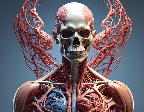 Human skeleton with visible blood vessels.