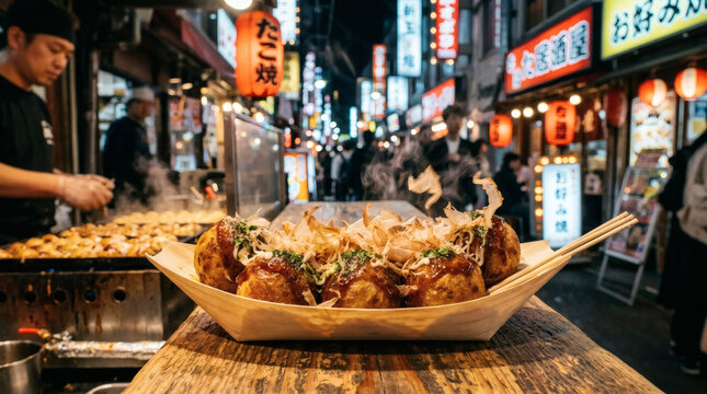 Hot takoyaki served in Japanese street market with glowing neon lights and busy crowd.