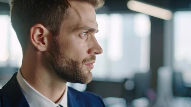 Man in suit in modern office.