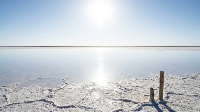 Intense blinding sunlight reflecting off a vast white salt flat landscape with wooden posts in the foreground under a clear blue sky during a bright sunny day in a remote desert area.