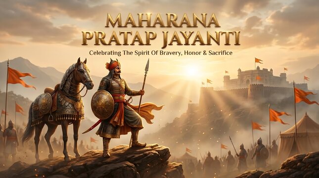 Maharana pratap jayanti celebration brave warrior on horseback with soldiers