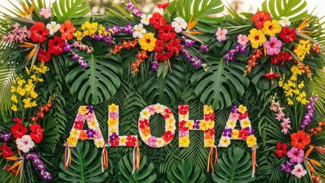 Exuberant floral aloha display amidst tropical foliage, celebrating vibrant hawaiian aesthetics