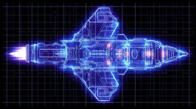 Futuristic spacecraft blueprint design displays glowing technical schematics against a dark background