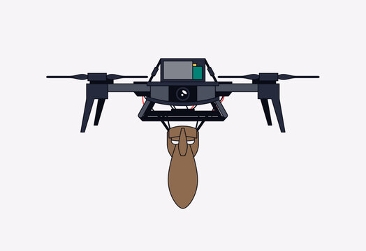 FPV drone concept with bomb. Military UAV kamikaze combat quadcopter. Aerial vehicle flying in flames and fire background. Vector illustration for warfare, attack and defense technology concepts.