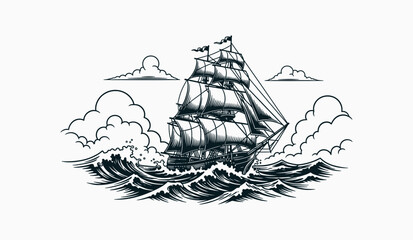 Vintage sailing ship navigating through rough seas with large waves and clouds, an adventurous maritime illustration for travel and history. © mr.shawn007