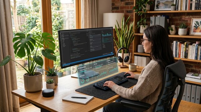 Female software developer coding on a widescreen monitor at a standing desk in a modern sunlit home office