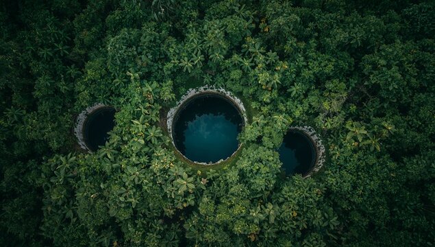 Aerial view of circular water-filled sinkholes in dense green jungle from above
