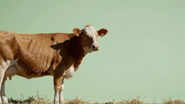 A healthy brown and white cow stands in a field of hay with a light green background